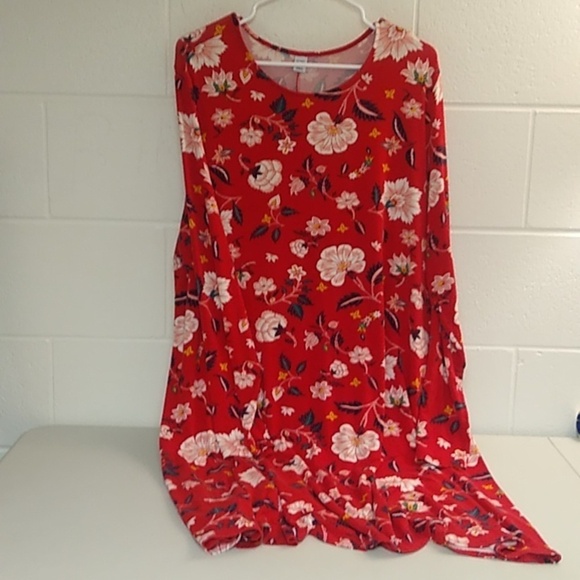 OLD NAVY TRUE RED LONG SLEEVE NO WAIST SOFT STRETCH FLOWY FLORAL TEE SHIRT DRESS - Picture 5 of 5